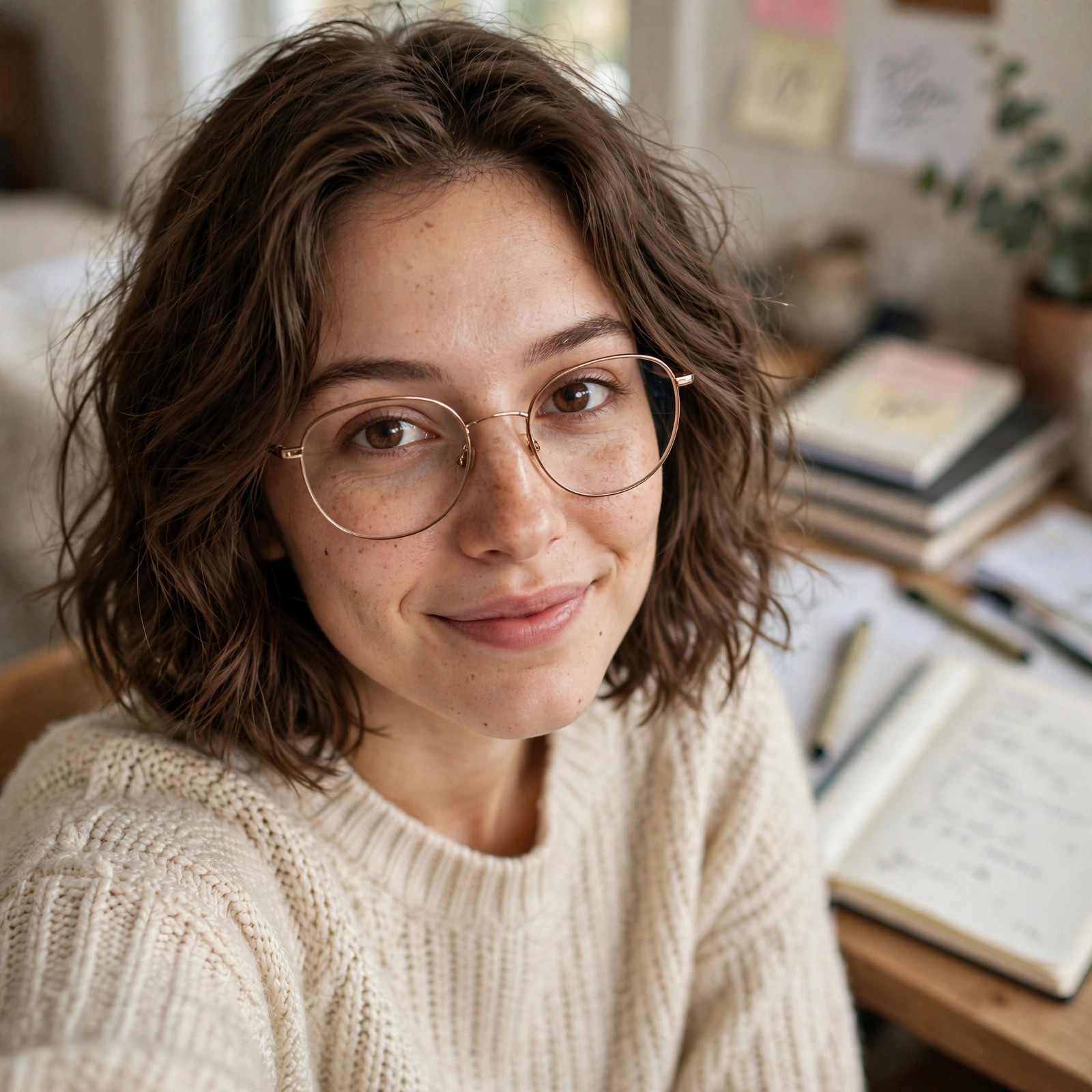 Realistic selfie of Celeste at her writing desk