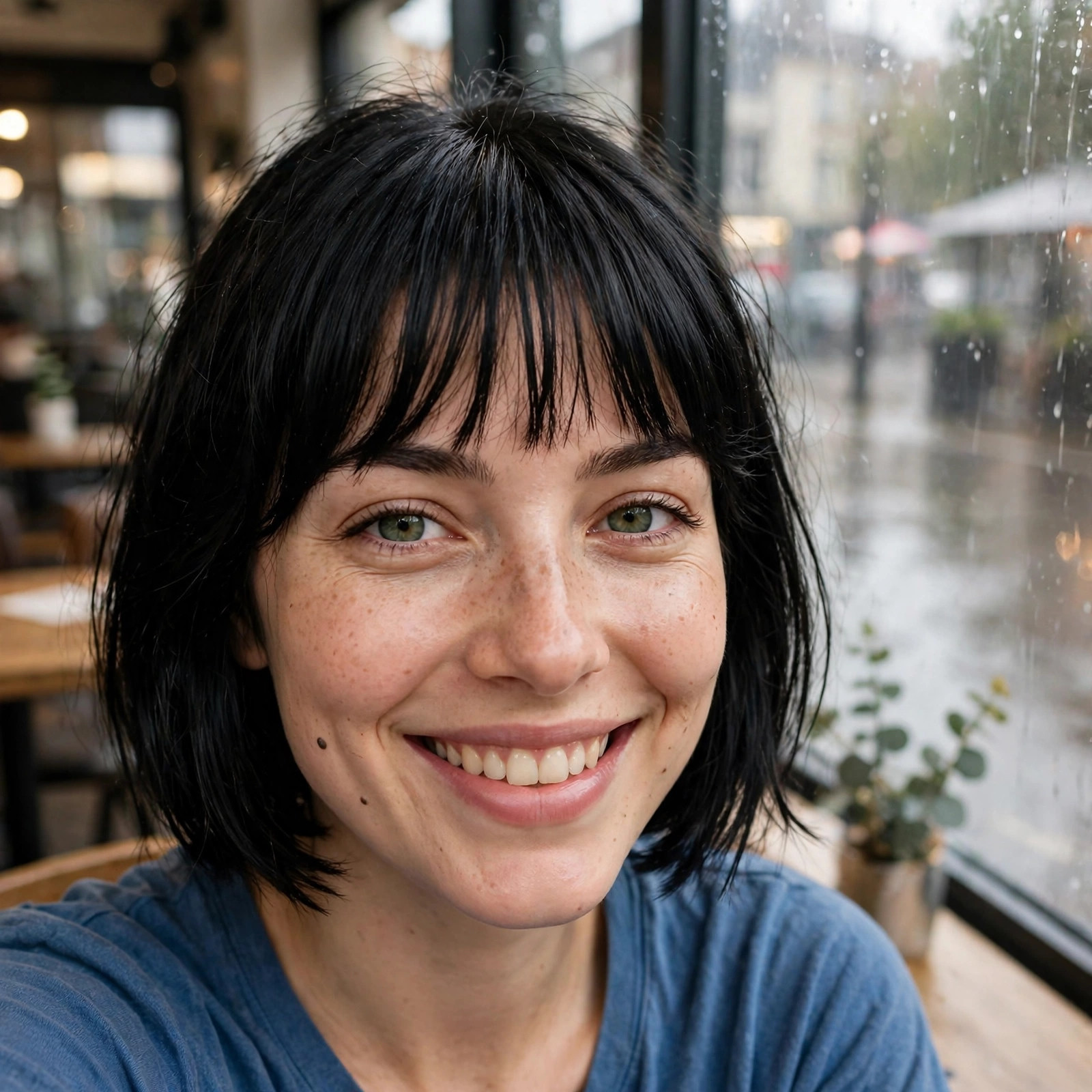 Realistic selfie of Elodie at a rainy café