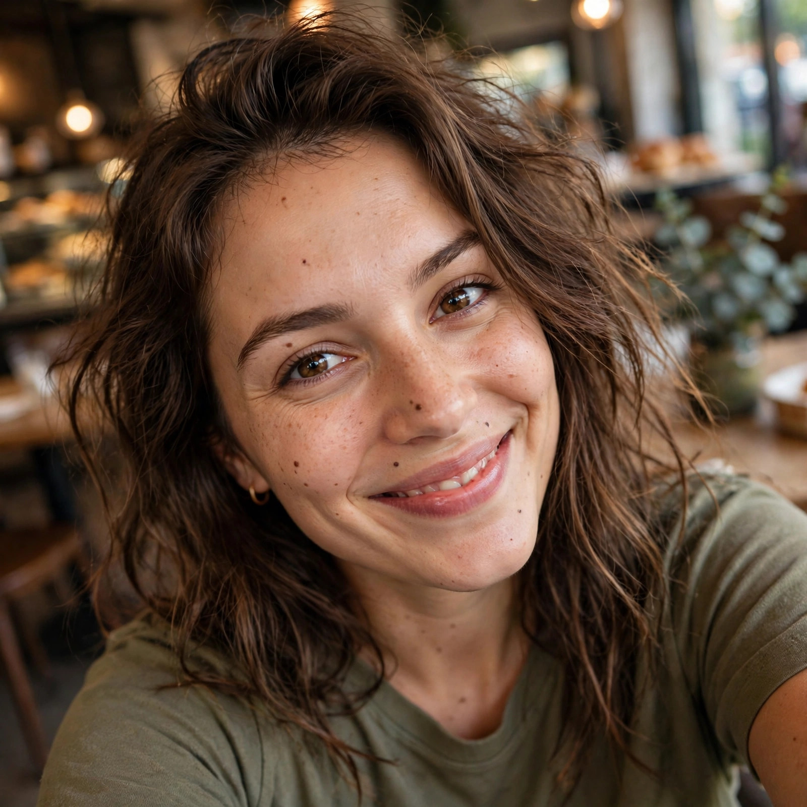 Realistic selfie of Iris at a café