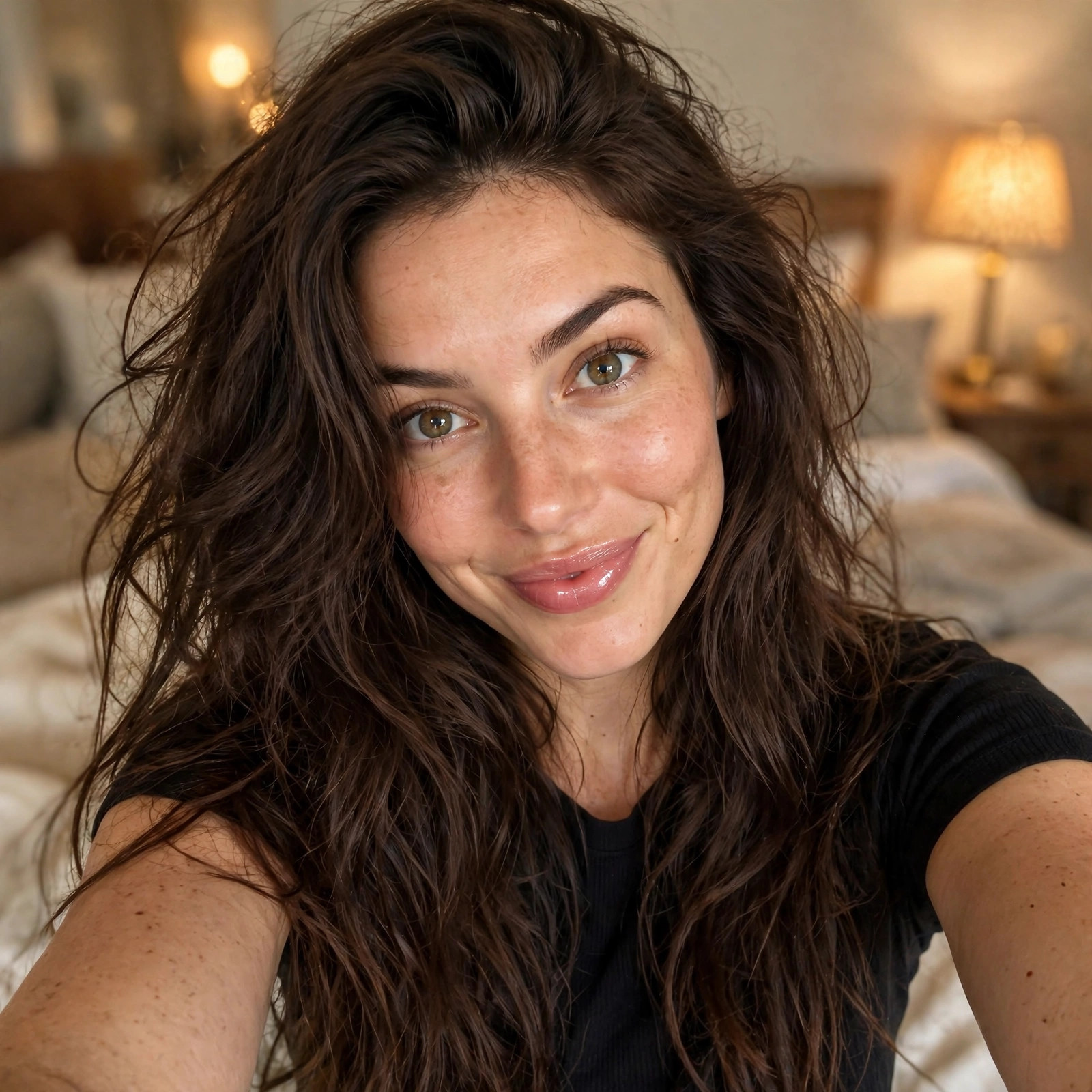 Realistic selfie of Jessica Walker in her bedroom