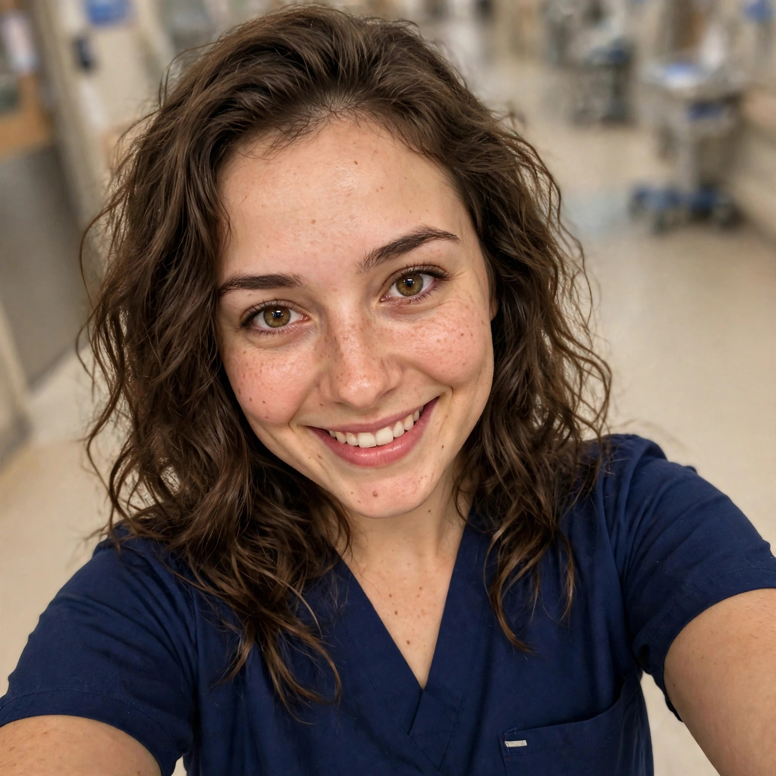 Realistic selfie of June in nursing scrubs